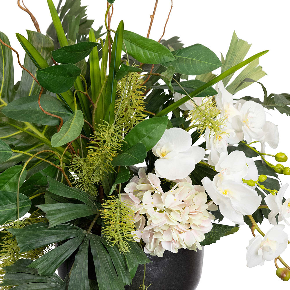 102cm Potted Faux Orchid & Palm Leaf Mixed Arrangement