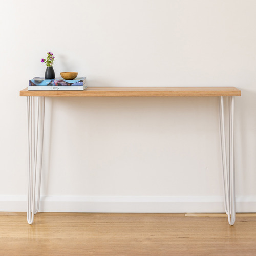 white hairpin console table