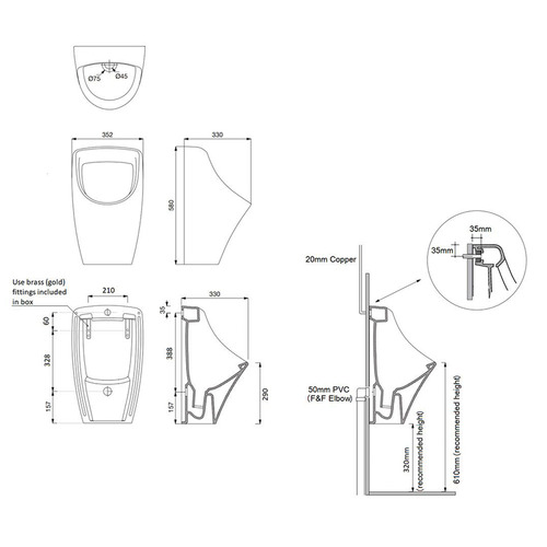 Teide Ceramic Back Inlet Urinal