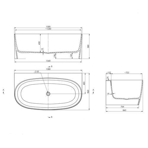 Narva 1580mm Matte White Oval Back to Wall Bath