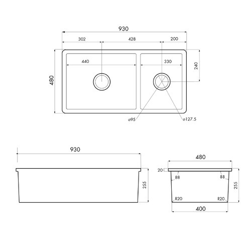 Cuisine 930mm 1 & 1/2 Fine Fireclay Kitchen Sink
