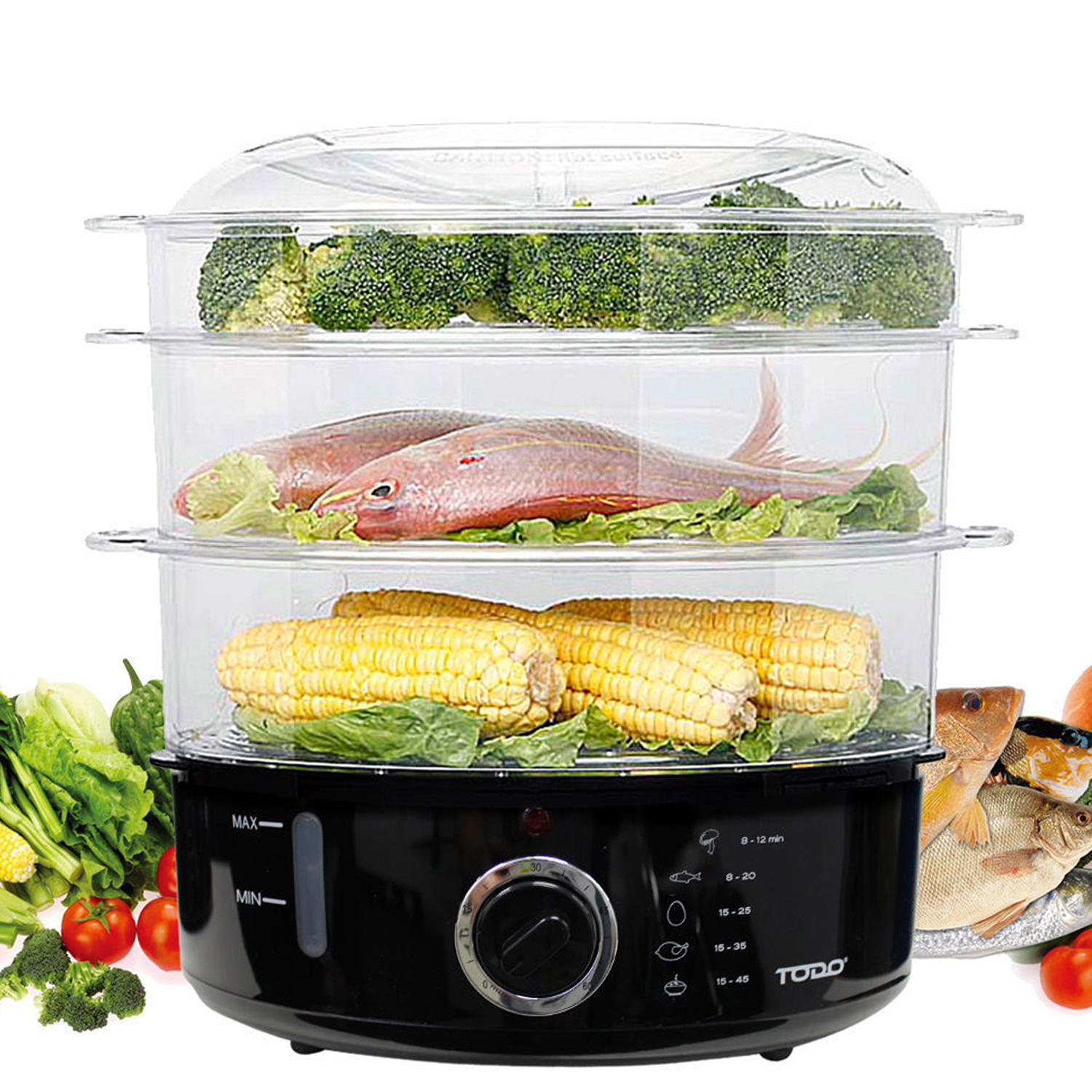 3 piece Tray Black 9L Electric Food Steamer