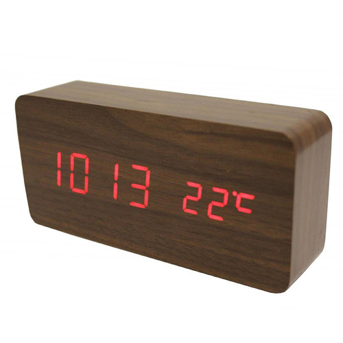 TimeTreasureHome Red LED Wooden 3 Alarm Clock with Temperature Display ...