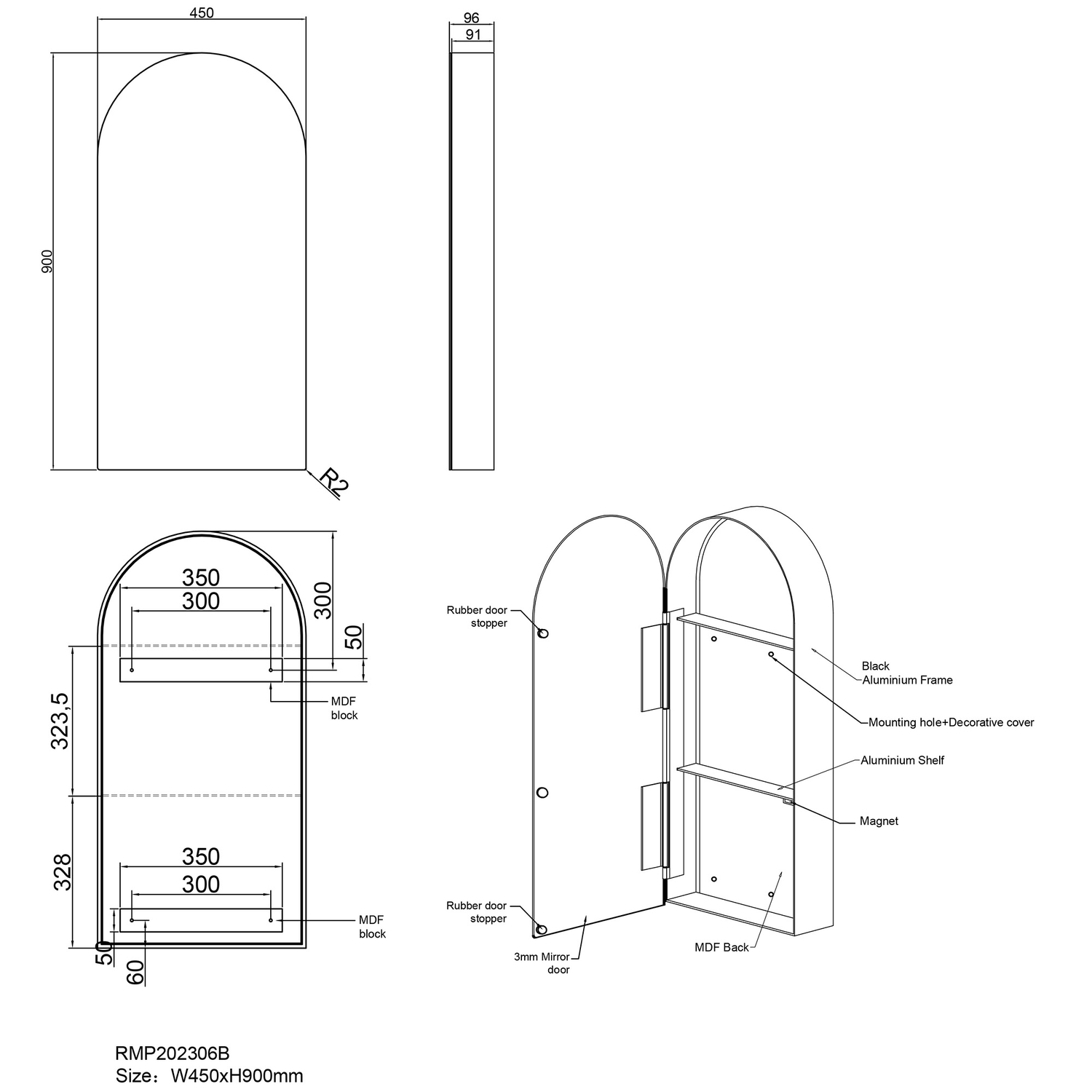 Powell 450mm Arch Mirrored Shaving Cabinet