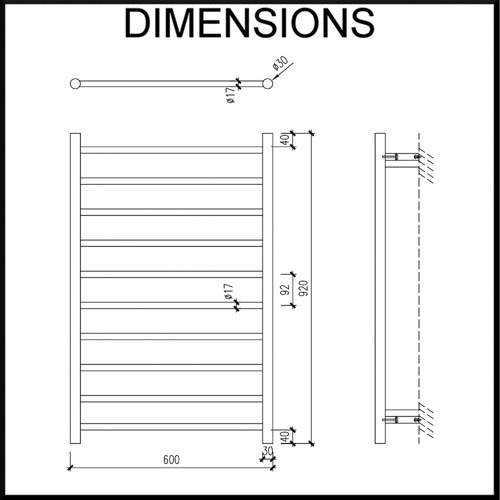 60 x 92cm Round Tube EZY FIT Dual Wired Heated Towel Rail