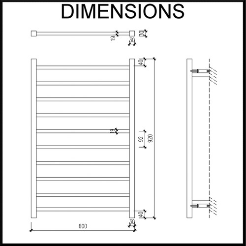 60 x 92cm Square Tube EZY FIT Dual Wired Heated Towel Rail