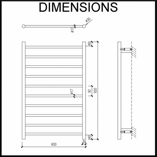 60 x 92cm Round Tube EZY FIT Dual Wired Heated Towel Rail