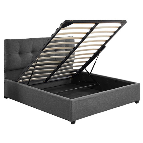 Charcoal Cacia Upholstered Gas Lift Storage Bed Frame | Temple & Webster