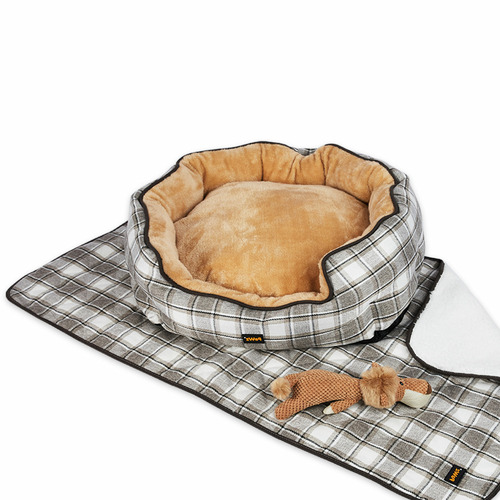 3 Piece Brown Chequered Zouch Pet Bed Set