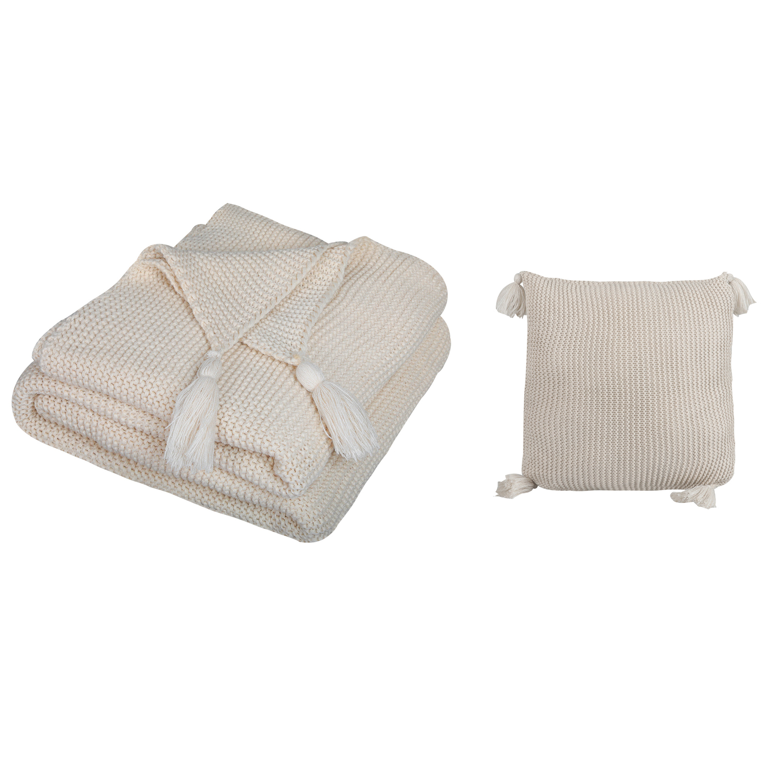 2 Piece Tassels Knitted Blanket & Cushion Set