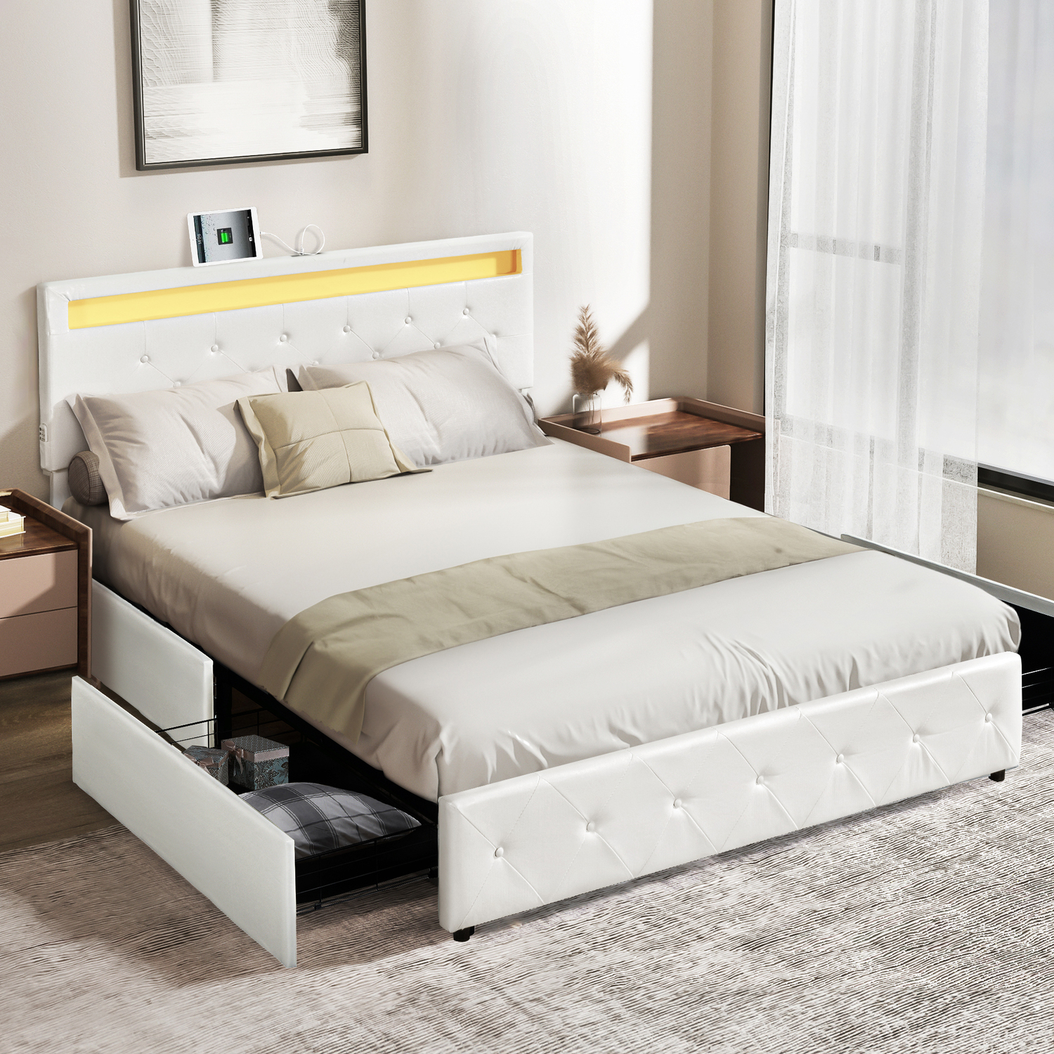 Antoine Faux Leather Queen Bed with LED & Drawers