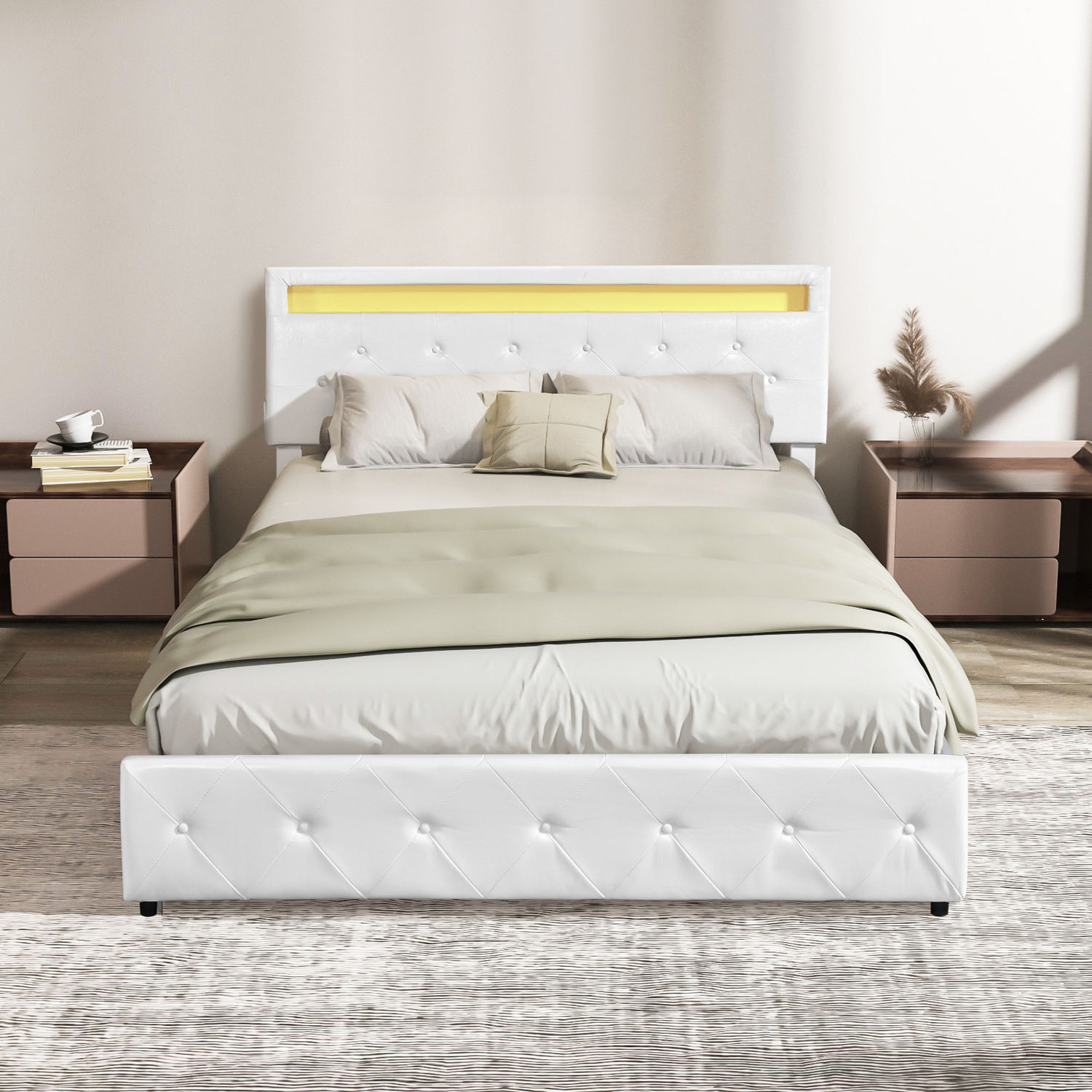 Antoine Faux Leather Queen Bed with LED & Drawers