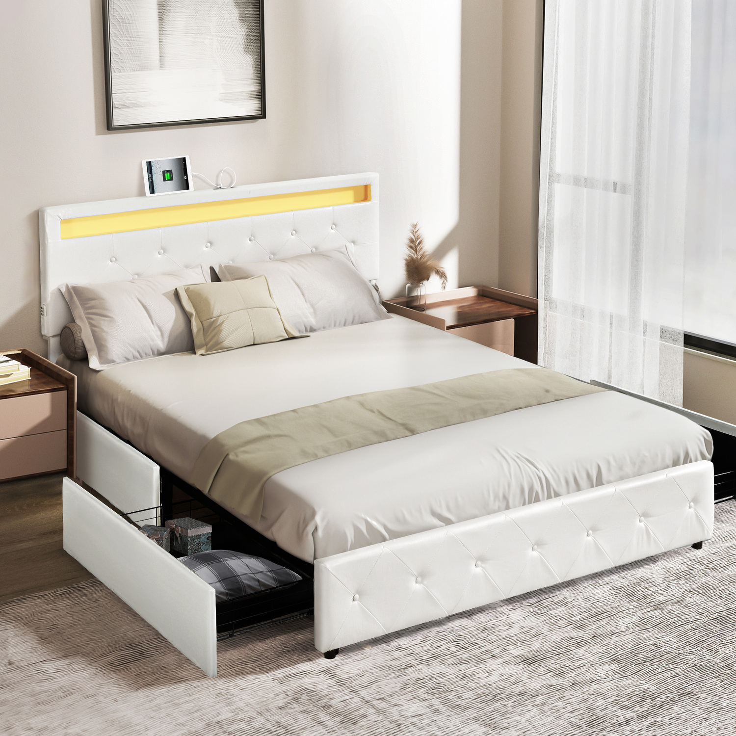 White-Antoine-Faux-Leather-Bed-with-LED-and-Drawers
