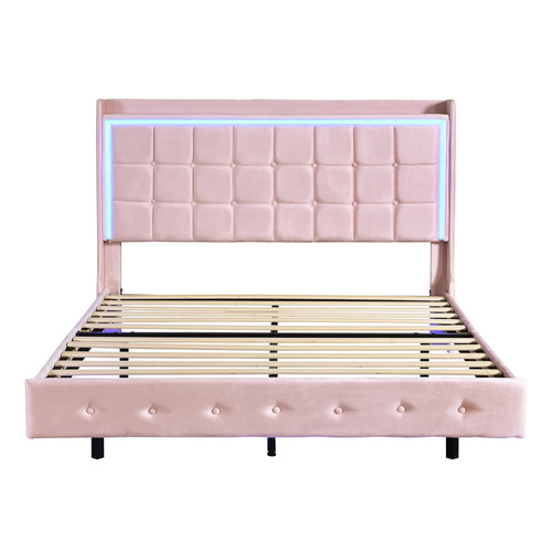 Pink Leif Velvet Gas Lift Storage Bed with LED
