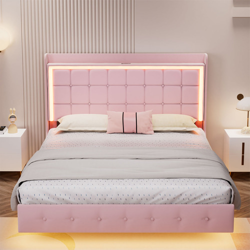 Pink Leif Velvet Gas Lift Storage Bed with LED