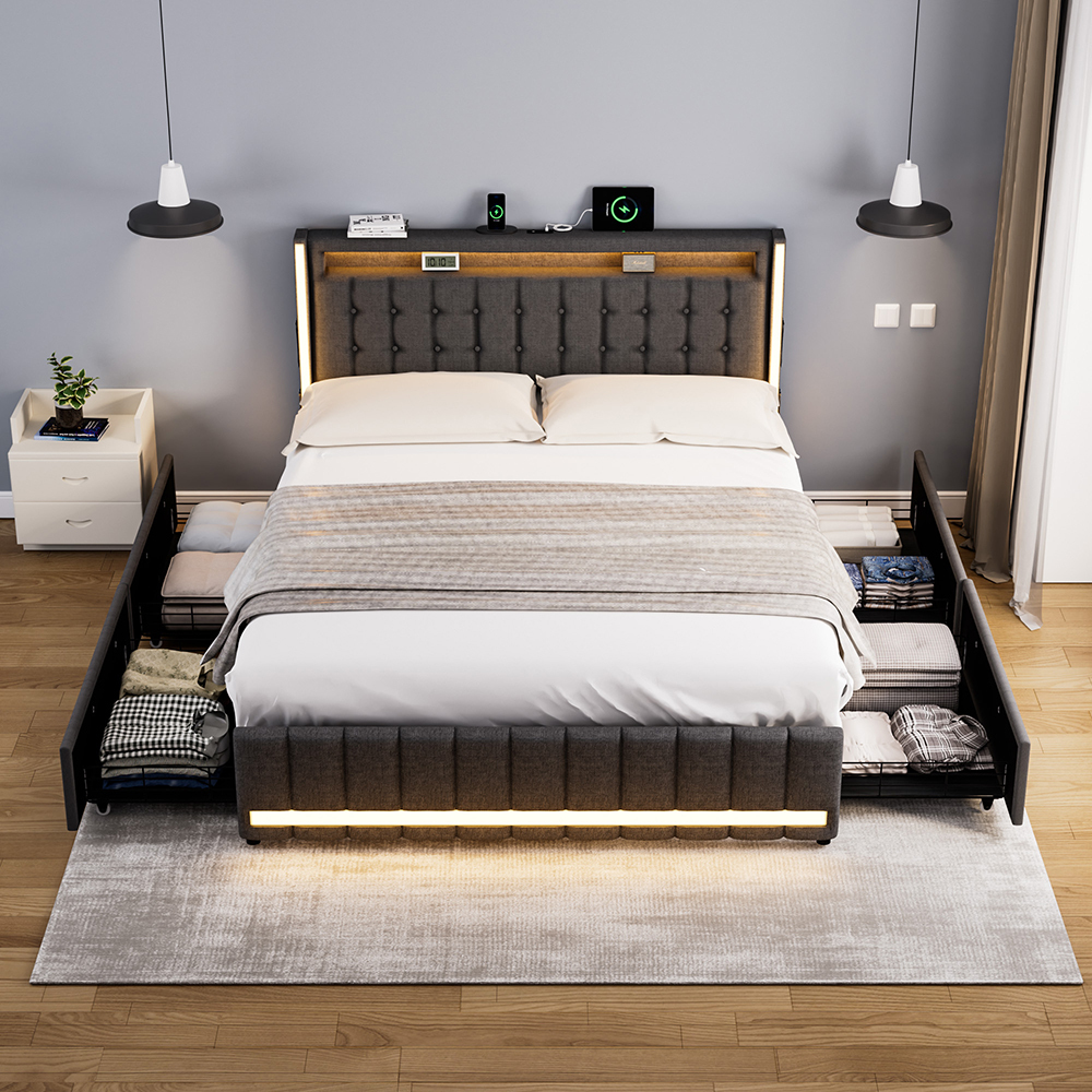 Palmera Linen Platform Bed with LED & Charging Station