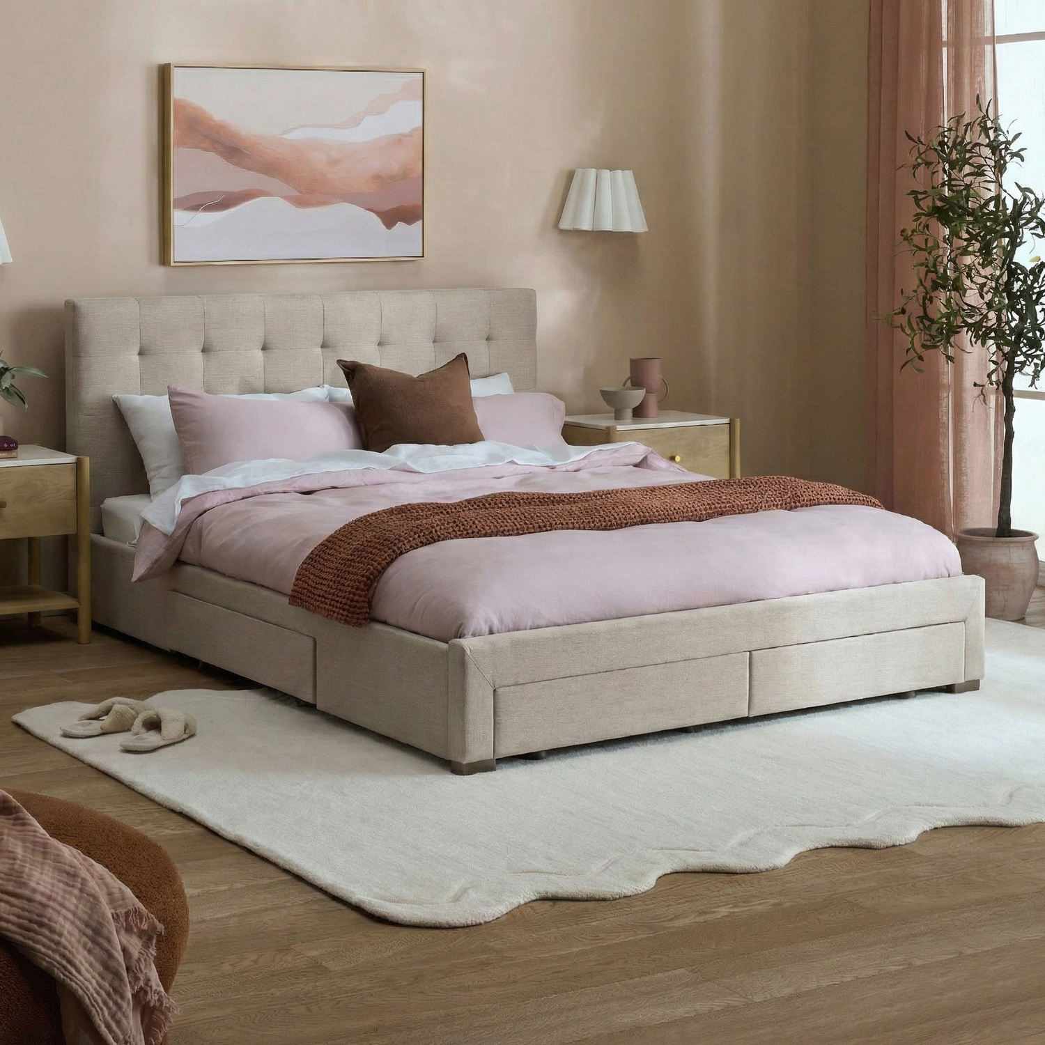 Beige Edan Bed Frame with Storage Drawers