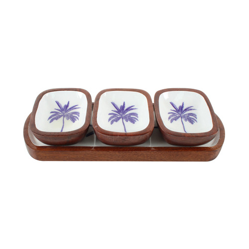 4 Piece Belize Palm Tree Mango Wood Dip Bowl & Tray Set