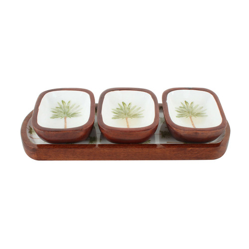 4 Piece St Barts Palm Tree Mango Wood Dip Bowl & Tray Set