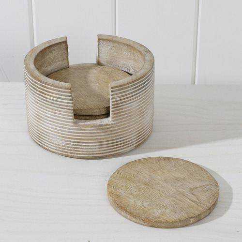 4 Piece Cyrus Mango Wood Coaster & Holder Set Temple & ster