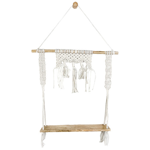 White & Brown Macrame Hanging Wall Shelf