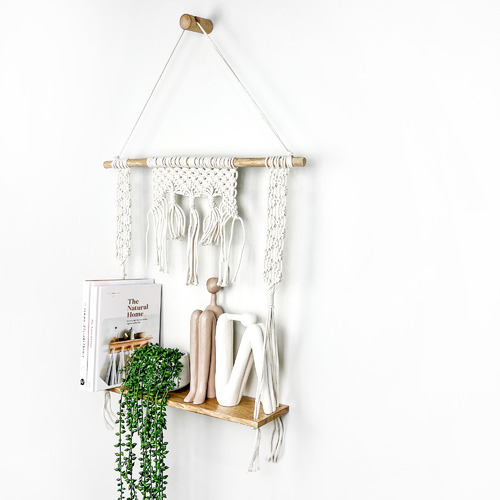 White & Brown Macrame Hanging Wall Shelf