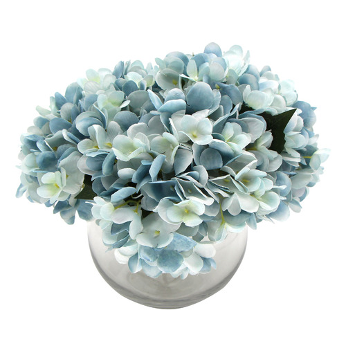 BotanicArtisan 23cm Blue Faux Hydrangea with Glass Vase | Temple & Webster