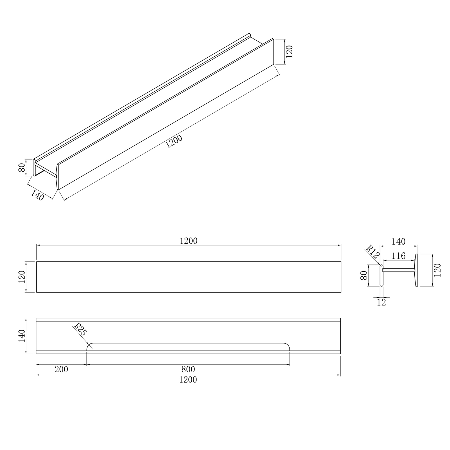 H Collection 1200mm Solid Surface Shower Shelf