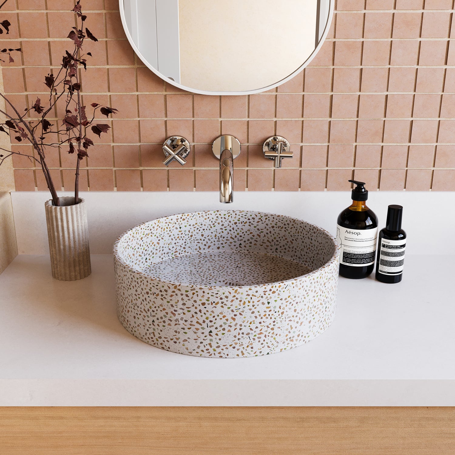 Round 390mm Terrazzo Above Counter Basin With 32mm Waste