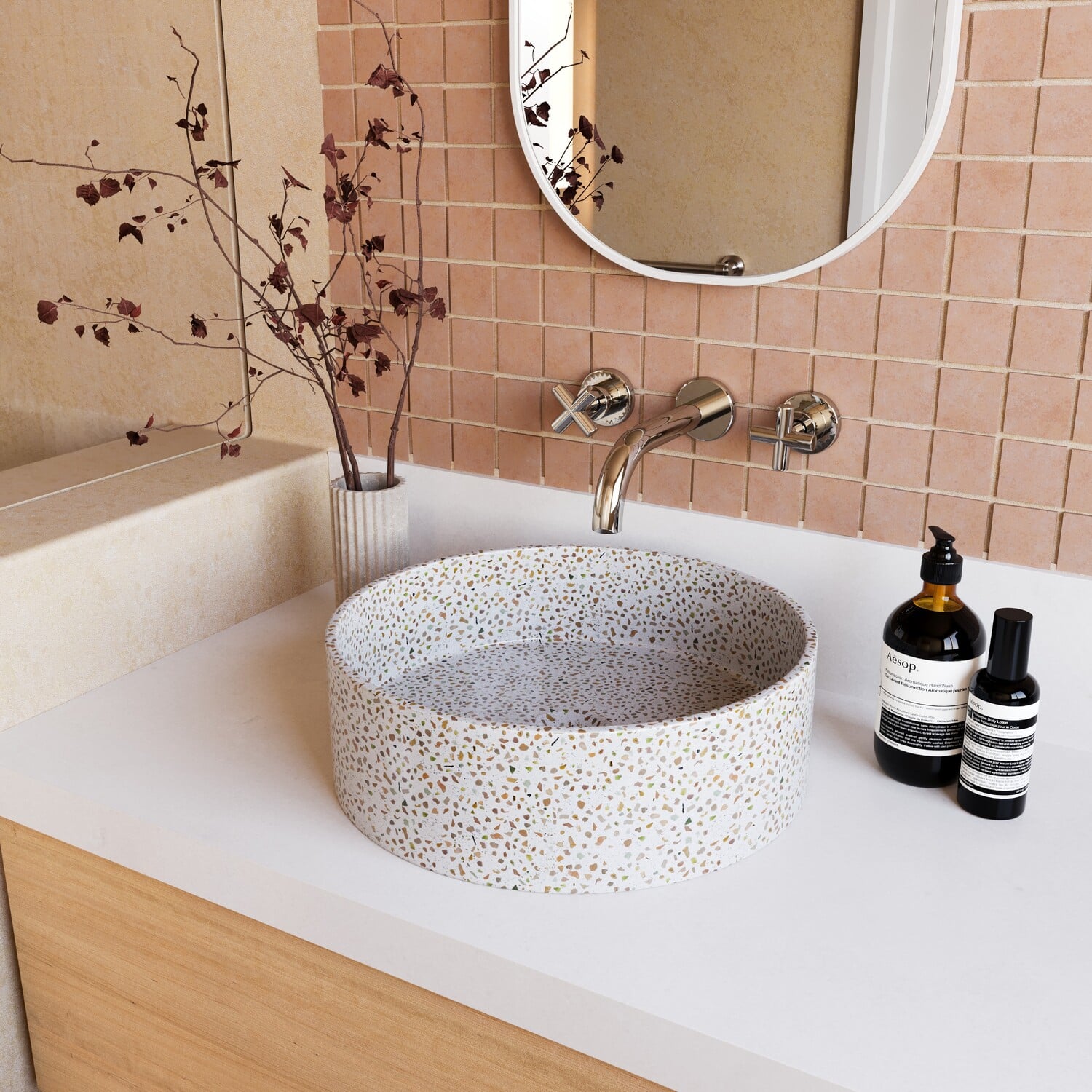 Round 390mm Terrazzo Above Counter Basin With 32mm Waste
