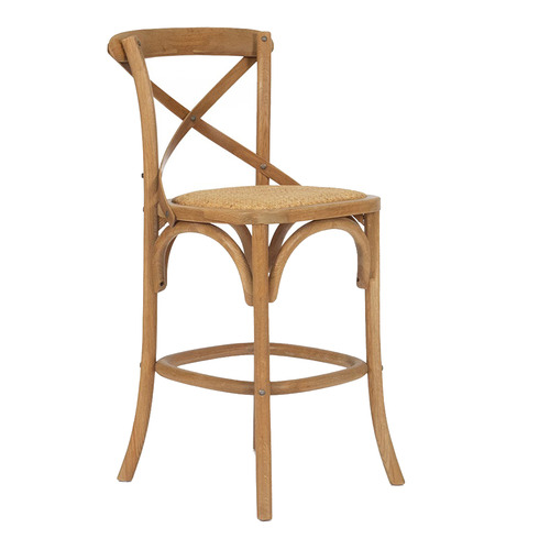 65cm Cross Back Oak Wood & Rattan Counter Stool