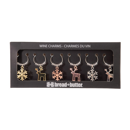 6 Piece Carol Snowflake & Reindeer Wine Glass Charm Set