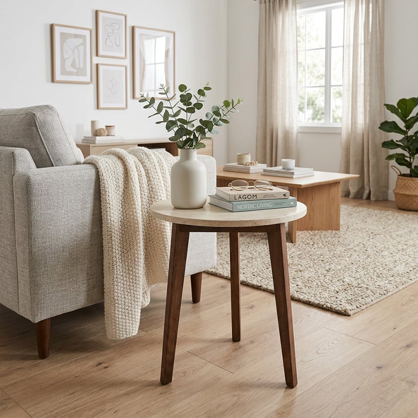 Kumi Travertine & Rubberwood Side Table