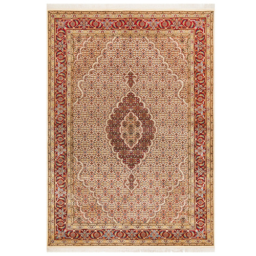 Cream & Red Hand-Knotted Wool Mahi Rug