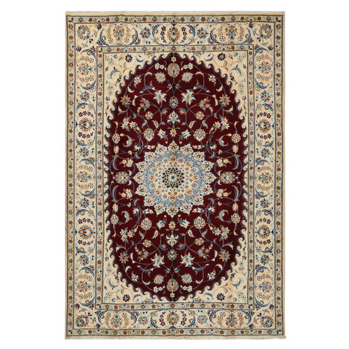 Cream & Red Persian Medallion Hand-Knotted Wool Rug