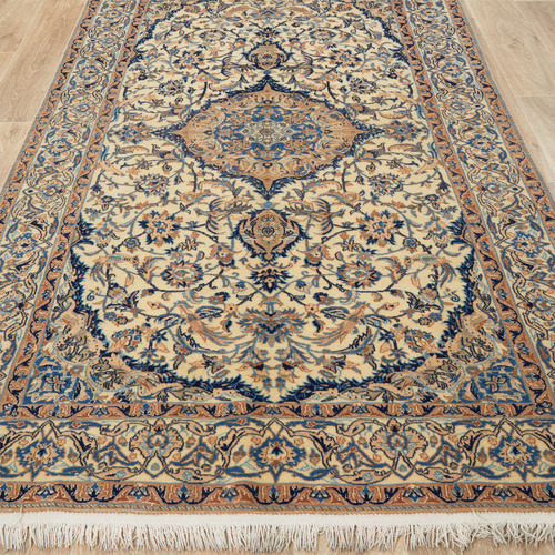 Cream & Blue Persian Medallion Hand-Knotted Wool Rug