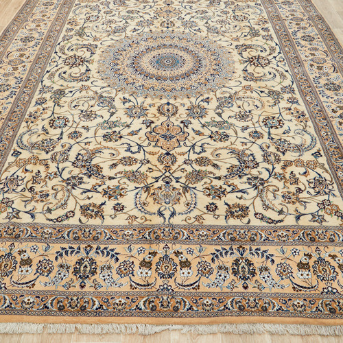 Cream & Blue Persian Hand-Knotted Wool Rug