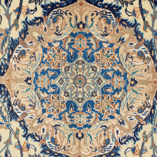 Cream & Blue Persian Medallion Hand-Knotted Wool Rug