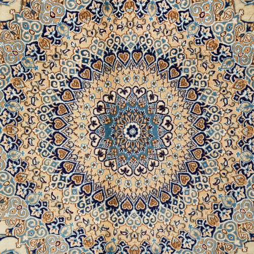 Cream & Blue Persian Hand-Knotted Wool Rug