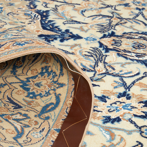 Cream & Blue Persian Medallion Hand-Knotted Wool Rug