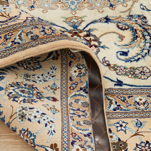 Cream & Blue Persian Hand-Knotted Wool Rug