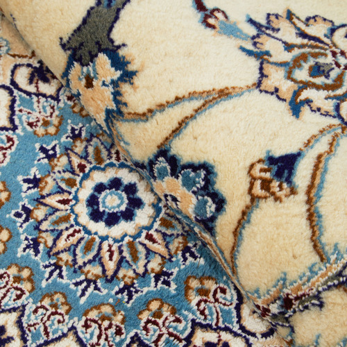 Cream & Blue Persian Hand-Knotted Wool Rug