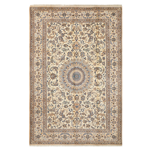 Cream & Blue Persian Hand-Knotted Wool Rug