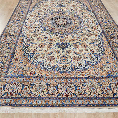 Blue & Cream Wool Persian Nain Rug