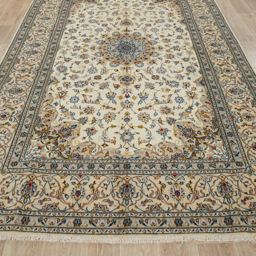 Beige & Blue Persian Medallion Hand-Knotted Wool Rug