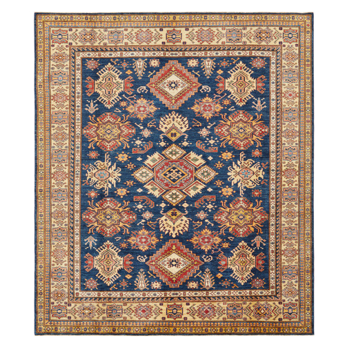 Beige & Blue Persian Hand-Knotted Wool Square Rug