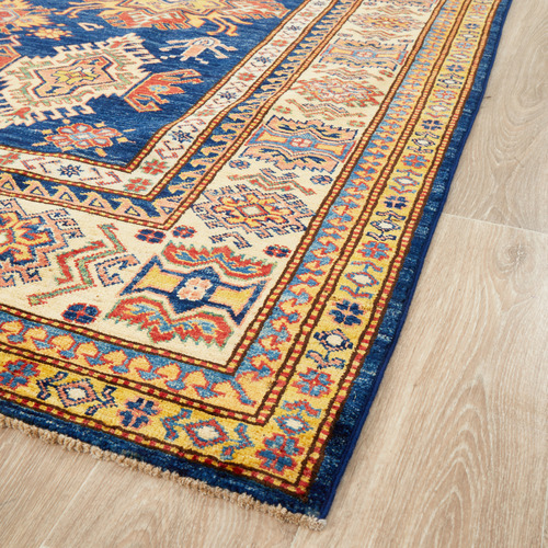 Beige & Blue Persian Hand-Knotted Wool Square Rug