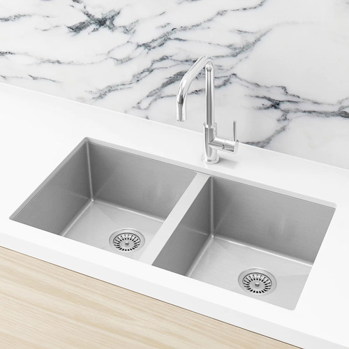 W76 x D44cm Brushed Nickel Stainless Steel Double Kitchen Sink Bowl