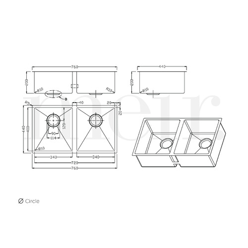 W76 x D44cm Stainless Steel Double Kitchen Sink Bowl