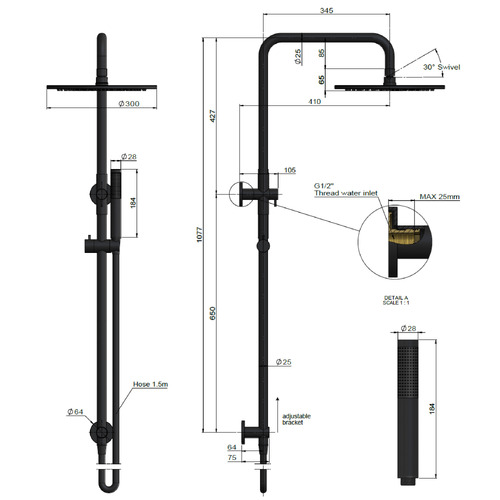 30cm Matte Black Round Single Function Shower Set